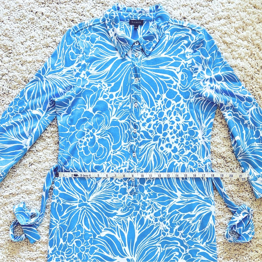 Talbots Blue and White Floral Stretch Shirtdress, Size Large - Picture 12 of 13